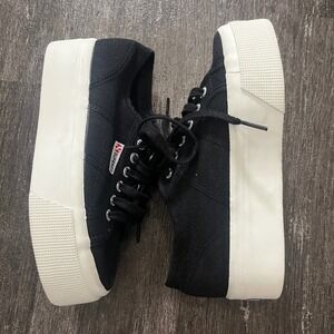Superga Black Canvas Platform Wedge Sneakers Women US 6 EU 36